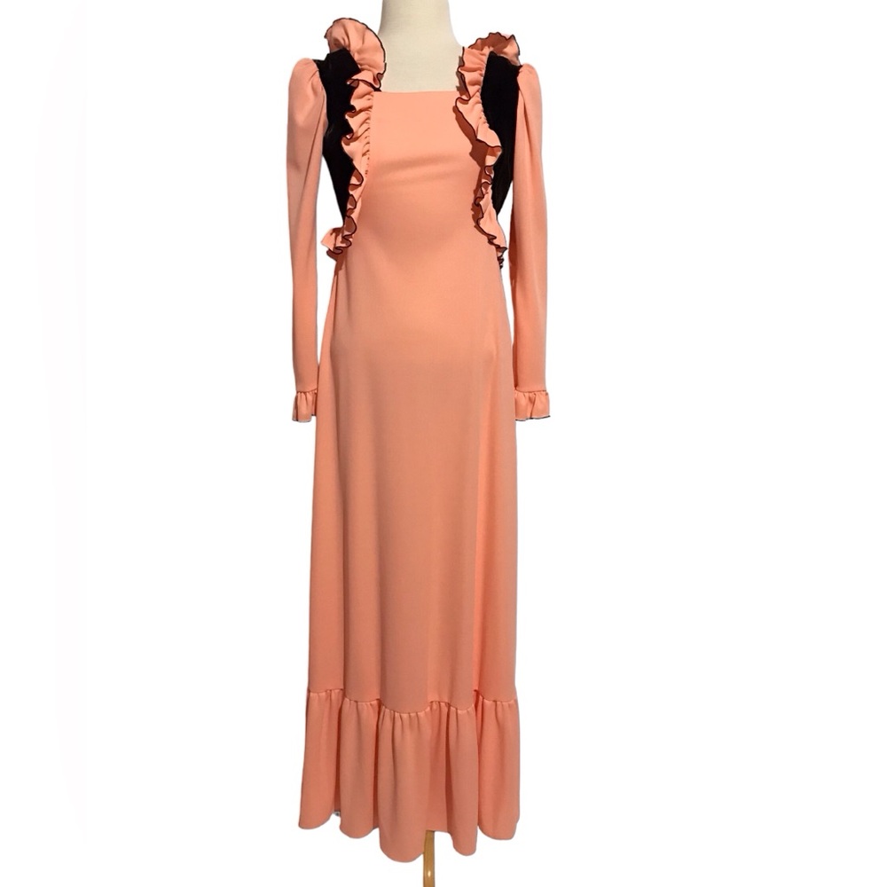 1970’s Union Made Polyester Maxi Length Nightgown Velvet High Ruffle Shoulders